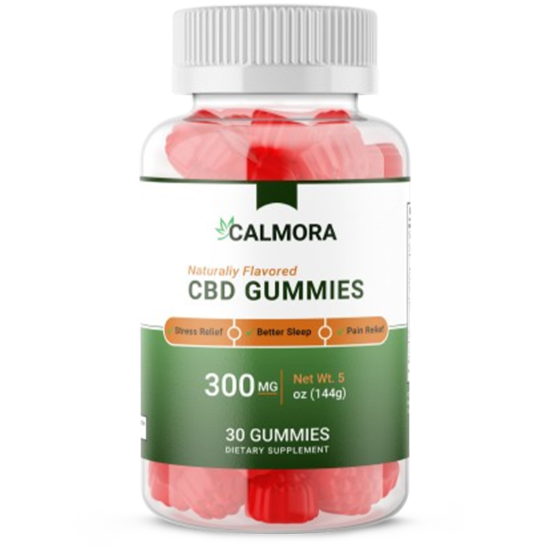 Calmora CBD Gummies bottle with berry gummies